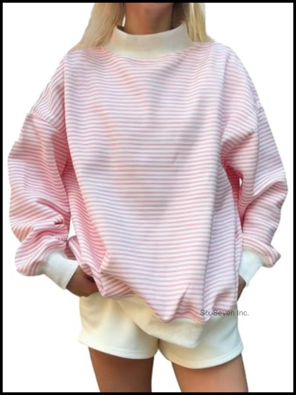 Oversized Mock Neck Striped Sweatshirt Pullover Long Sleeve